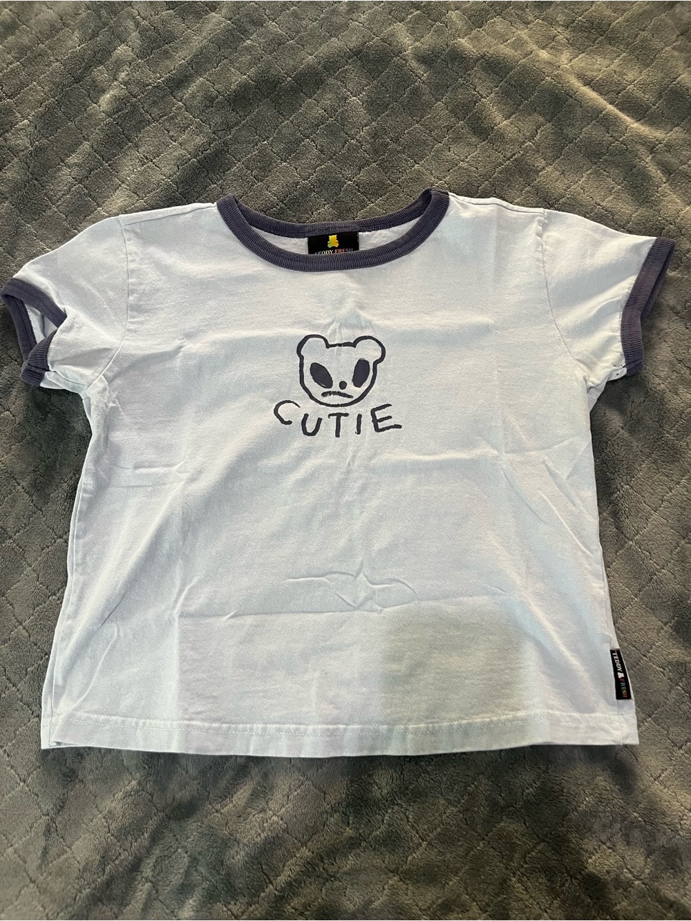Teddy Fresh White Ringer Tee with Navy Trim and 'Cutie' Graphic S